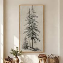 Large Framed Vertical Vintage Pine Tree Wall Art for Living Room